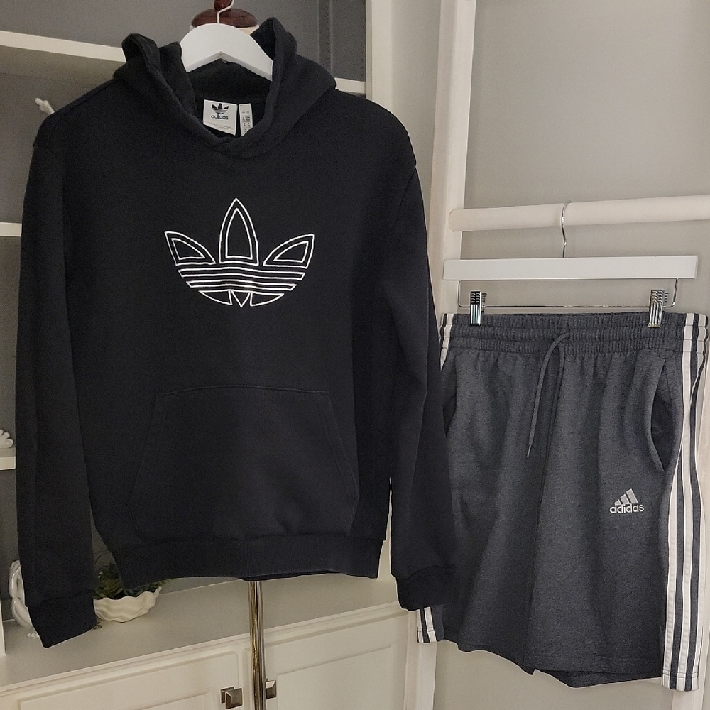 Adidas Mens Hoodie Sweatshirt and Shorts Set Gray